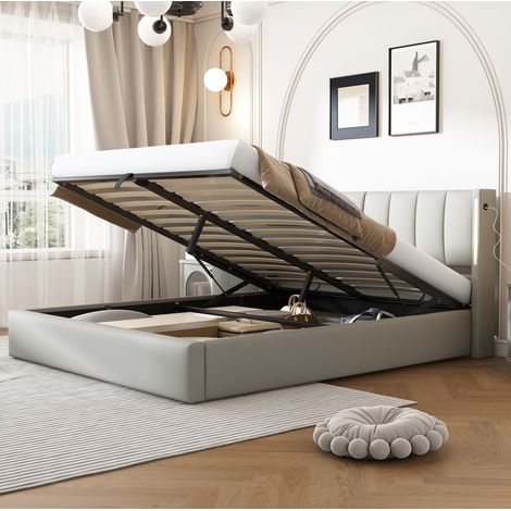 Bett modern 140x190 cm in Grau aus PU mit LED, USB, verstellbarem Kopfteil und Stauraum (1/5)