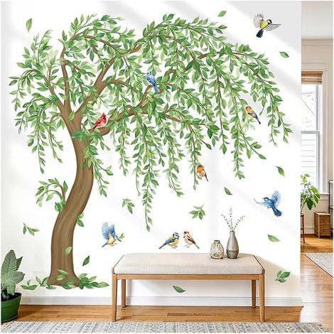 Giant Trees Wall Stickers Green Leaves Plants Birds on Branch Wall Decoration Bedroom Living Room TV Wall (1/5)