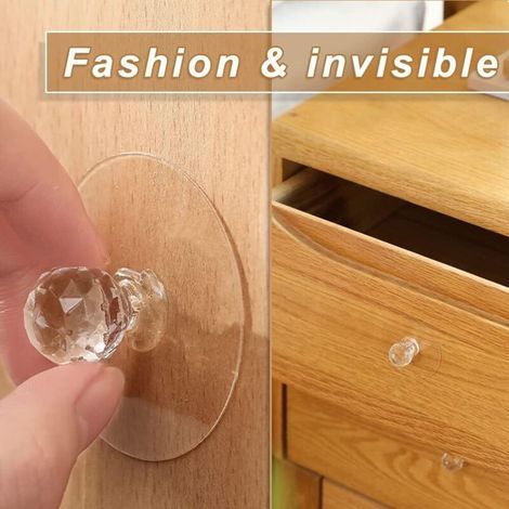 Boutons de tiroir d'armoire transparents, poignées en forme de cristal de diamant pour armoire, placard de cuisine, porte fenêtre de meuble, aide à pousser auto-adhésive sans perçage (4) (1/3)