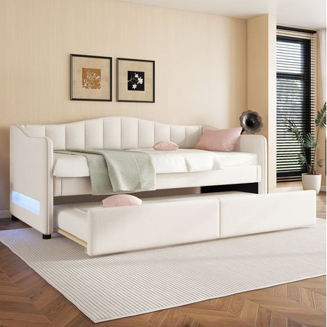 Lit banquette minimaliste 90x200 cm en MDF et lin beige, avec lit gigogne, tête de lit LED, sommier à lattes (1/5)