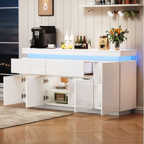 Buffet 140x35x72,5 cm en panneaux de bois blanc, avec rangement et LED pour salon FloraGrace (1/5)