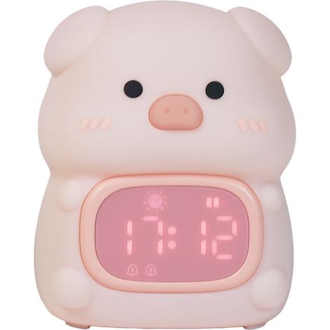 Lámpara de noche con forma de cerdito y despertador, regalo con forma de cerdito y lámpara de silicona recargable, lámpara de mesa con forma de animalito adorable, despertador con colores RGB. (1/5)