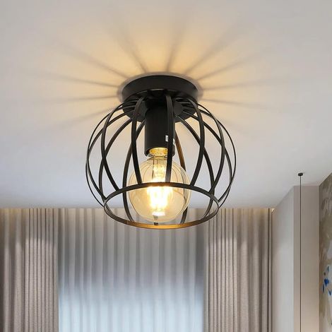 GOECO Plafonnier Vintage - Abat-jour de Plafond à Cage en Métal Avec Support E27 Pour Salon Cuisine Chambre Couloir Cour - Noir (1/5)