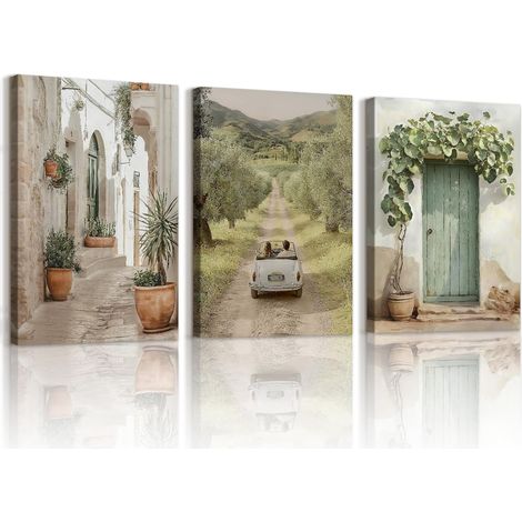 3 Pièces Vintage Italien Rustique Ville Paysage Tableau Decoration Murale Encadré Toile Peinture Arbre Vert Olive Campagne Decoration Salon Maison Deco Chambre 40x60cmx3 (1/5)