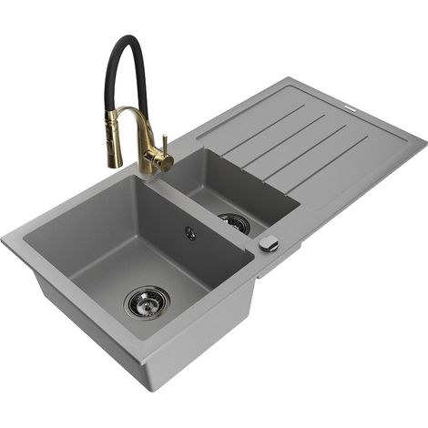 Mexen Andres 1,5-Schalen Granitspüle mit Abtropffläche und Küchenarmatur Aster, grau - 6515-71-73450-57-B (1/5)