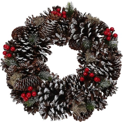 Corona natalizia decorativa con Pigne e Bacche, ideale come centrotavola da 33 cm -Innevato (1/2)