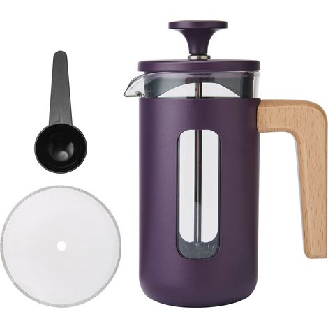 La Cafetière Cafetera Pisa duradera de acero inoxidable, con capacidad para 3 tazas, prensa francesa resistente al calor, elegante mango de madera natural, émbolo para café y té, 350 ml, Morado