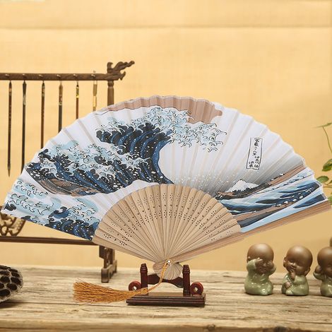 Éventail Décoratif en Bambou à Motif Vagues Japonaises - Décoration Murale pour Salon et Bureau (1/5)