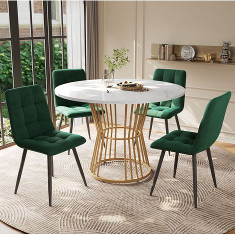 MEUBLIV Ensemble table a manger ronde 100 cm avec 4 chaises velours vert et pieds metal (1/5)