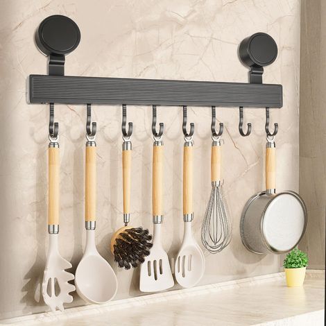 Küchenstange mit Saugnapf und 8 Haken, aus rostfreiem Aluminium, ideal für Küche, Bad und Schlafzimmer. Kein Bohren erforderlich. (1/5)
