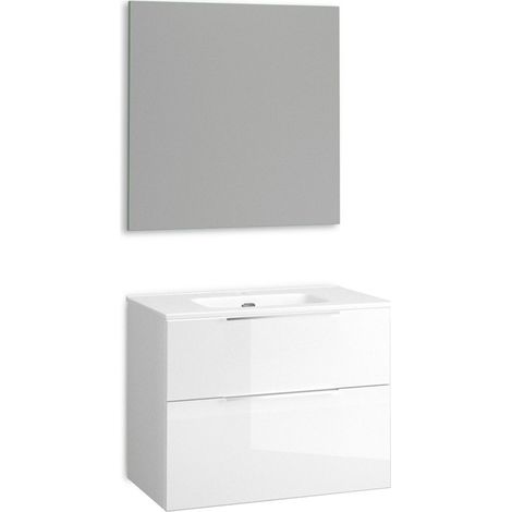 Mueble de Baño Suspendido con Espejo y Lavabo Cerámico 2 cajones con Cierre Amortiguado y Organizador 70 cm Blanco Brillo Tirador Cromo (1/5)