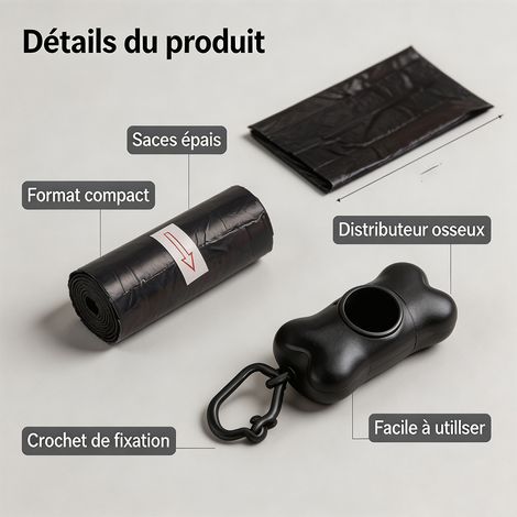 Distributeur de sacs à crottes + 20 rouleaux (300 pièces), déchirage facile, accessoire pour promenade et extérieur (1/5)