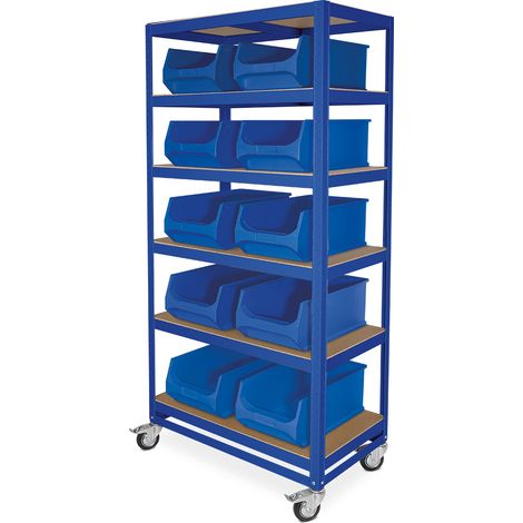BRB Etagenwagen mit 6 Ebenen, BxTxH 900x500x1905 mm, 4 Lenkrollen, 2 mit Feststellbremse, blau, bestückt mit 10 Sichtboxen LB2, BxTxH 300x500x200 mm (Blau)