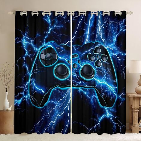 Rideau Occultant 140x260 cm Gaming, Rideau Gamer, Rideaux Voilage Consoles de Jeux Vidéo, Voilage Fenetre Bleu Lightning, pour Chambre SalonGamer - 140L X 260H cm (2 Panneaux) (1/5)