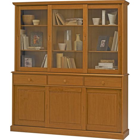 Beaux Meubles Pas Chers – Vaisselier pin massif miel 6 portes coulissantes – 3 tiroirs – 10 niches – Dimensions L 178.6 x H 199 x P 42.3 cm – Style anglais