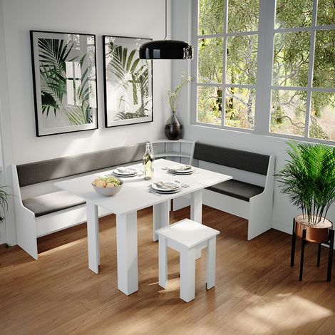 Conjunto con banco esquinero Roman, Blanco, 210 x 41.5 cm con mesa, Vicco