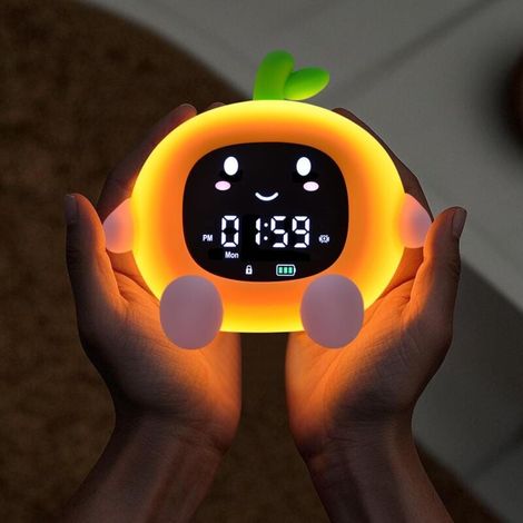 Réveil orange, veilleuse fruitée, multifonction, LED, tactile, en silicone, avec minuterie, veilleuse douce et support pour téléphone. (1/5)
