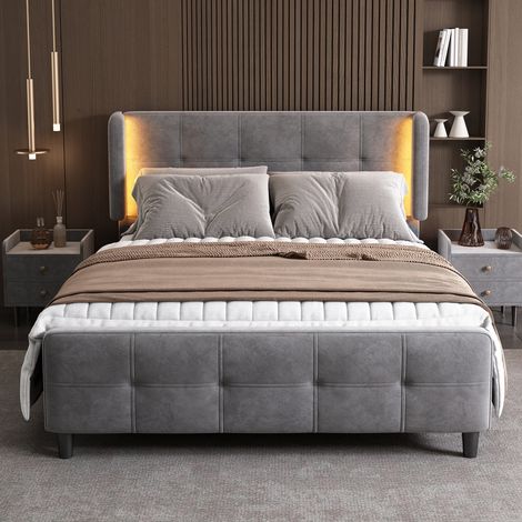 Lit adulte 140x200cm, avec éclairage LED orientable, tête et pied de lit matelassés, tête de lit réglable en hauteur, velours, sommier à lattes - Gris (1/5)