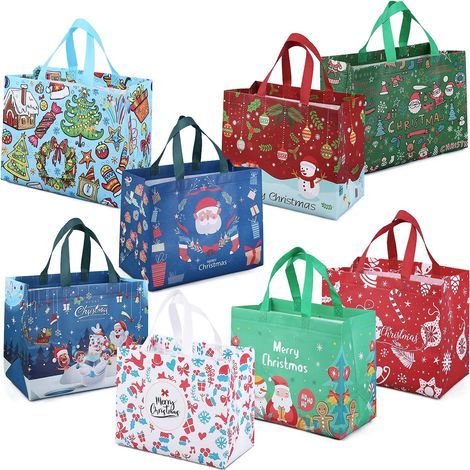 8PCS Sacs-cadeaux de Noël, Sacs à provisions réutilisables, Sacs de Noël multifonctionnels non tissés pour emballer des cadeaux, Fournitures de fête de Noël, 32,5 × 25 × 17cm (1/4)