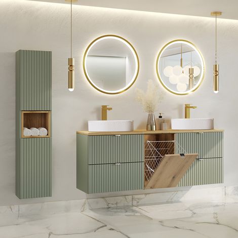 Mueble lavabo doble 160cm con cesta de ropa y pilar verde jade y madera - Lavabos redondos (1/4)