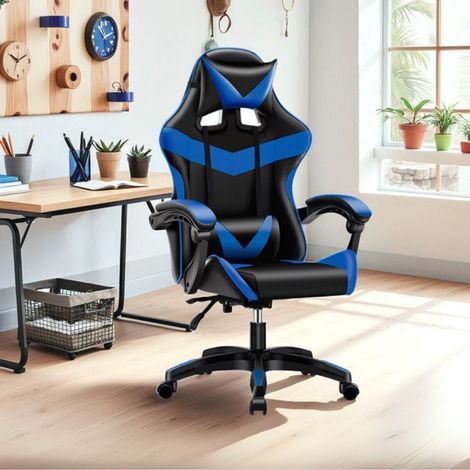 Gaming Bürostuhl mit hohem Rücken und schwarzer PVC-Polsterung mit blauen Akzenten