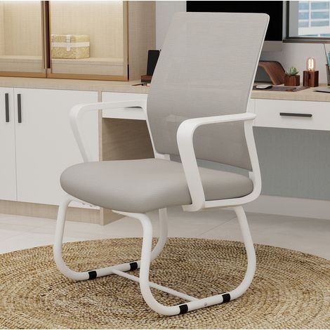 Chaise de bureau 90 cm gris et blanc, dossier en mesh, avec accoudoirs, structure métal, MEUBLIV (1/5)