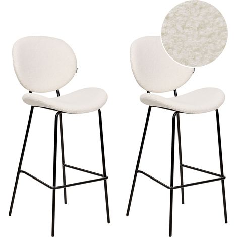 Conjunto de 2 sillas de bar bouclé hierro patas negras tapas sin reposabrazos diseño retro asientos comedor blanco Luana