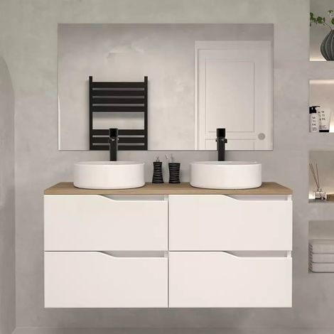 Meuble de salle de bain 120cm avec plateau miel et vasque à poser - 4 tiroirs - blanc - LUNA (1/5)
