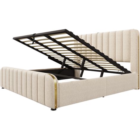 Cama canapé doble 180 x 200 cm de lino beige con cabecero USB Type-C (1/5)