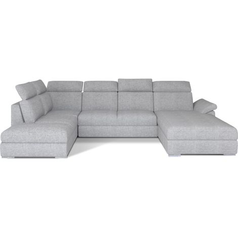 Canapé panoramique convertible LEVANO tissu - Rangement et appuie-têtes réglables à droite-Gris perle-Coffre à droite (1/5)