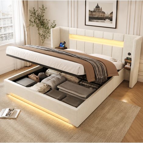 Letto contenitore 160x200 cm beige in velluto con LED, USB e testiera ampia (1/5)