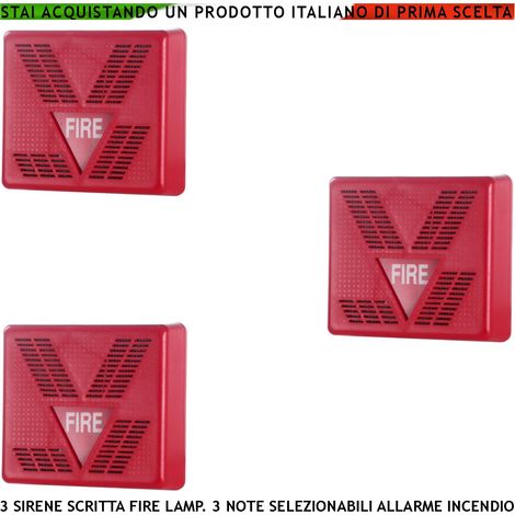SIRENA ROSSA ANTINCENDIO 3 PEZZI SEGNALAZIONE ALLARME INCENDIO ALIMENTAZIONE 24 VCC SCRITTA FIRE LAMPEGGIANTE (1/4)