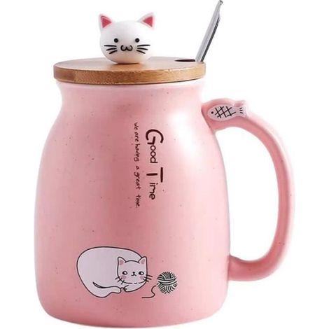 Tasse à café - MARQUE - Chat - Céramique - 380 ml - Couverture en bois et cuillère inoxydable (1/4)