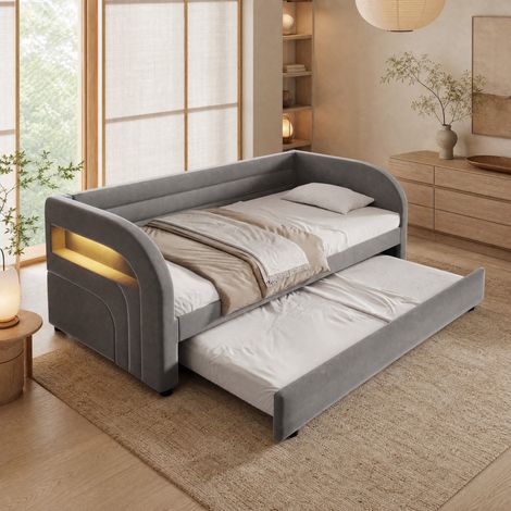 Cama infantil 90x200 con cama nido extraíble y luz LED, gris HAVRYA (1/5)