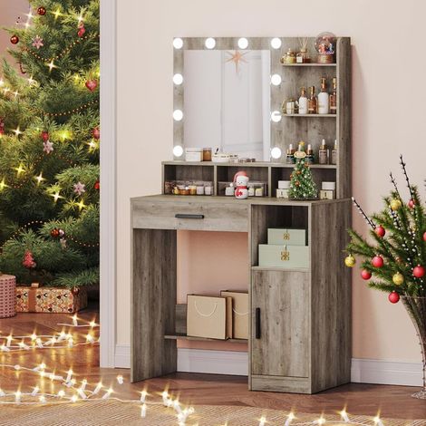 Coiffeuse enfant avec miroir – 10 lumières LED – Rangement 3 étagères et 1 tiroir – Design moderne en greige (1/4)