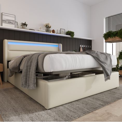 Cama doble tapizada con LED y arcón 160x200 blanca OKMYHOME (1/5)