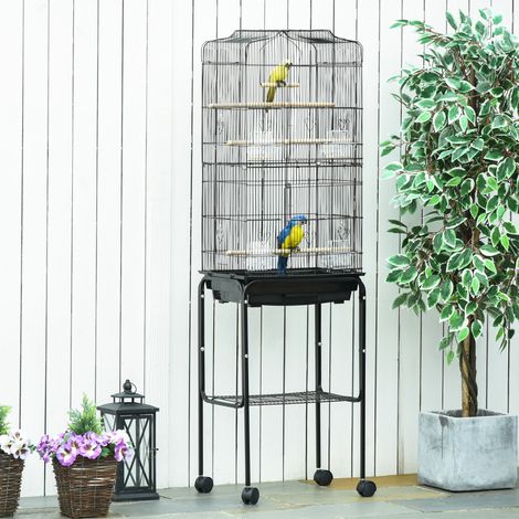 Noir 46,5x36x157 cm - Cage à oiseaux doté de support Cage métallique avec roues Plateau amovible et étagère (1/4)