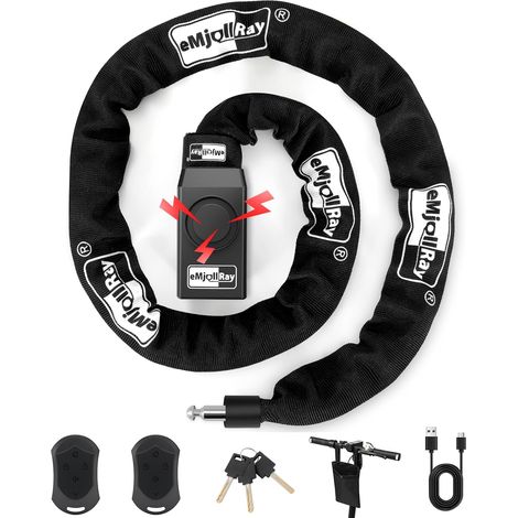 120CM Antivol Velo avec Alarme 110dB Antivol Alarme Vélo avec Télécommande 8MM Grossie USB C Rechargeable Chaine Antivol avec 3 Clés et Sac pour Vélo Electrique Trottinette Scooter Porte (1/5)