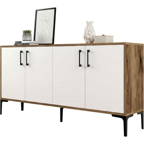 Dmora - Credenza Soraya, Buffet da soggiorno, Madia da salotto, Dispensa da cucina, 160x35h78 cm, Noce e Bianco