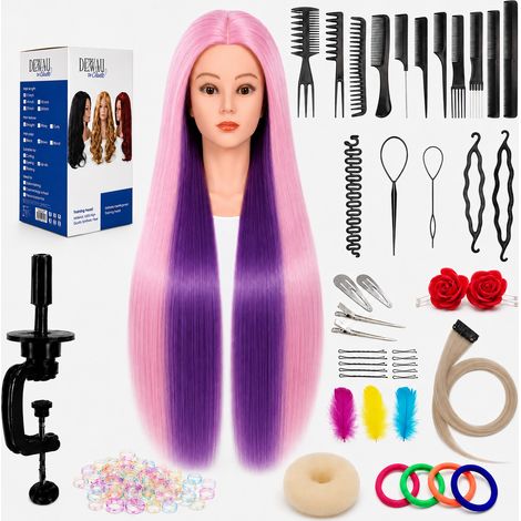 Cabeza de entrenamiento de peluquería femenina para peinar cabello sintético de 70 cm + set de cabello, peine para rellenar moños y recogidos. (1/5)