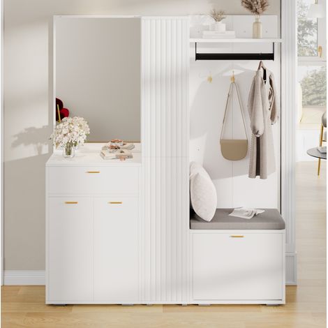 Flurgarderobe 150/36/180 cm in Weiß mit Spiegel, Sitzbank und Schuhfach (1/5)