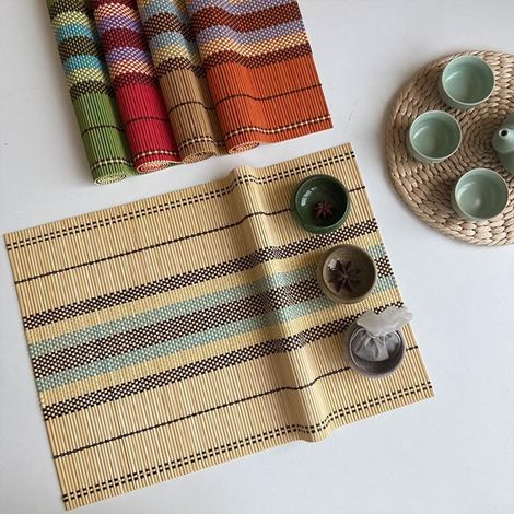 Lot de 5 sets de table en bambou, tissés à la main, lavables, antidérapants, tapis de table de salle à manger, tapis d'isolation pour café/théière'Parent'-'- (1/5)