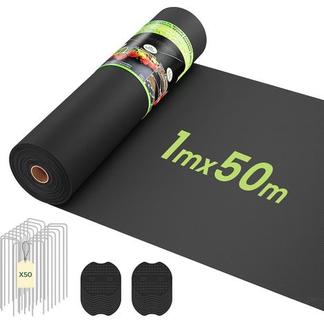 Dripex Toile de Paillage 1mx50m avec 50 Piquets, Géotextile Non Tissé 100 g/m², Anti-Mauvaises Herbes Tissu, Perméable à l'eau, Résiste Rayons UV, Résistant, Noir (1/5)