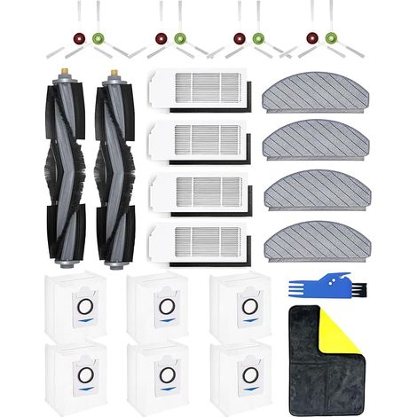 Lot de 26 Accessoires pour aspirateur Ecovacs Deebot T10 Plus, pièces de Rechange T10 Plus, Embout T10+ : 2 brosses principales, 8 brosses latérales, 4 filtres HEPA, 4 lingettes, 6 Sacs à (1/4)
