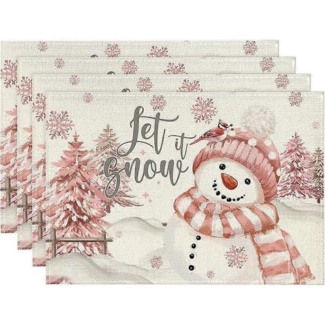 Lot de 4 sets de table de Noël roses enneigés, motif sapins de Noël, pour la décoration de la cuisine et de la salle à manger (B) (1/5)