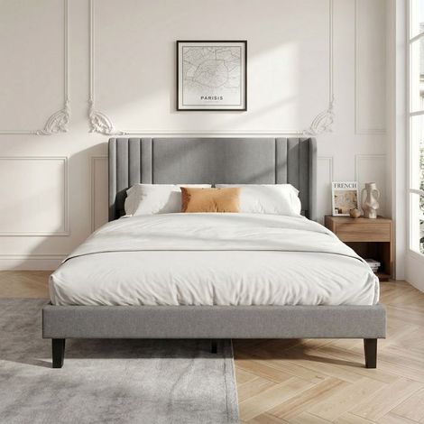 Letto 160x200 cm, Letto Capitonné, Testiera in lino, Letto Matrimoniale con Rete a Doghe, Letto per Adulti per 2 Persone, Grigio (1/5)