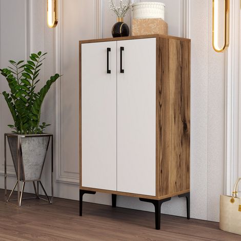 Schuhschrank Prag Walnuss Weiß Melamin 60x111x35 cm