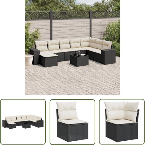 The Living Store Salon de jardin 9 pcs avec coussins noir résine tressée - Ensemble Salon De Jardin - Meuble De Jardin - Jardin Design - Mobilier Exterieur - Chaise Longue (1/5)