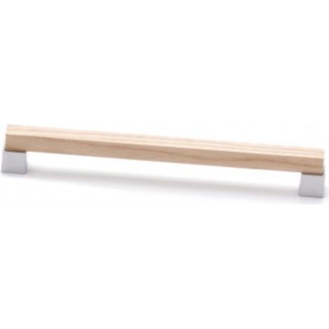 Poignée Symbiosis 9381 - talla Chromé mat/Hêtre, vernis transparent. 144x12x29mm. Entraxe 128mm.