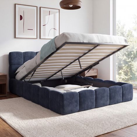 Cama doble con cajón NUAGE, con cabecero acolchado y somier de 140 x 190 cm en tejido azul con efecto chenilla (1/5)